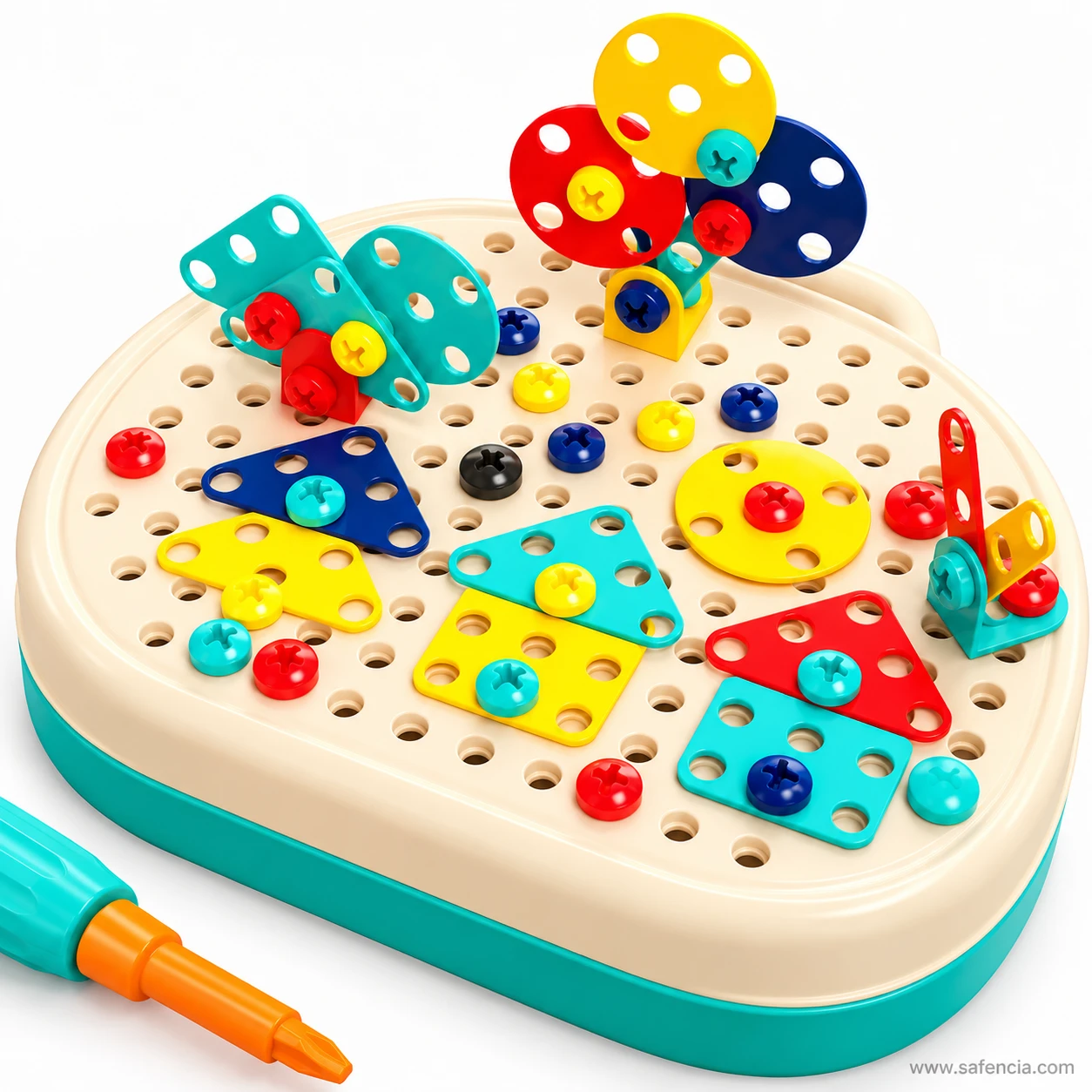Close-up of a 3D flower of red, yellow and blue discs and teal butterfly wings standing on the Little Engineer pegboard