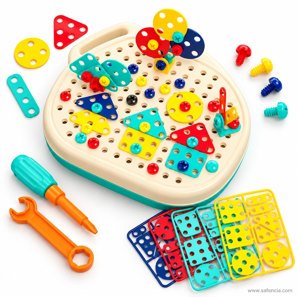 Little Engineer pegboard from above with a house, butterfly and flower built from coloured plates, loose screws and plate frames beside it