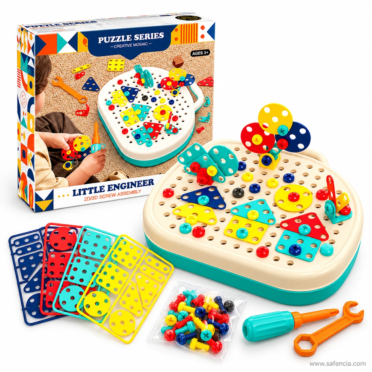 Little Engineer Puzzle Series box marked Ages 3+ beside the built pegboard, coloured plate frames, screw bag, screwdriver and wrench