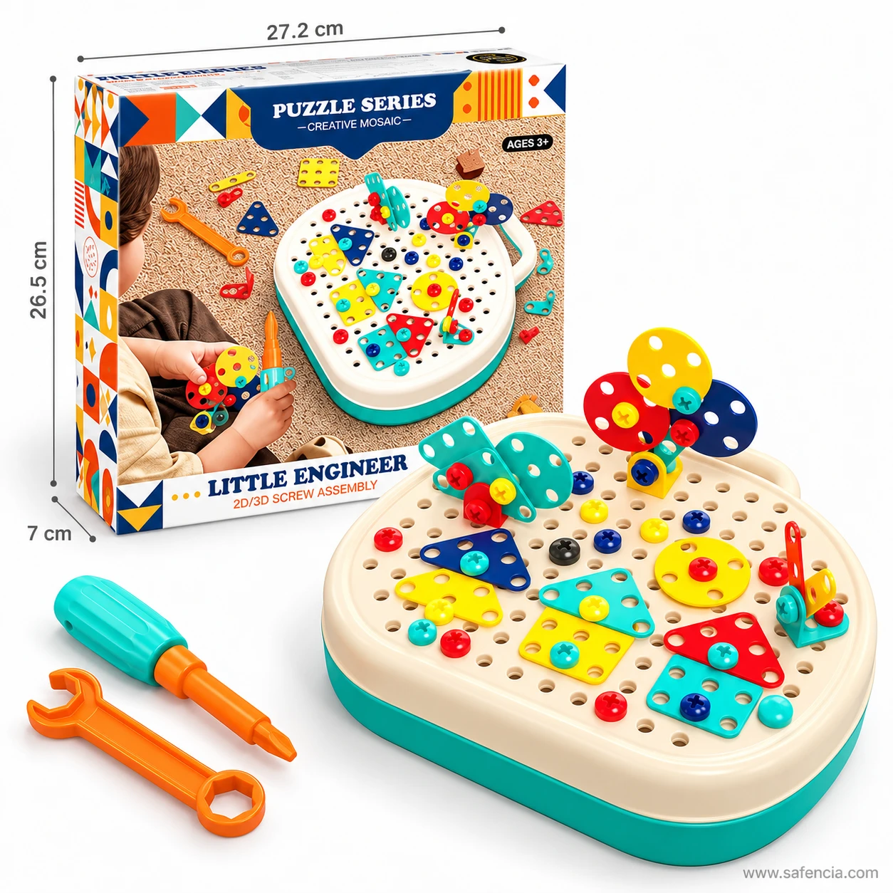 Little Engineer screw puzzle box measured at 27.2 cm wide, 26.5 cm tall and 7 cm deep, beside the built pegboard