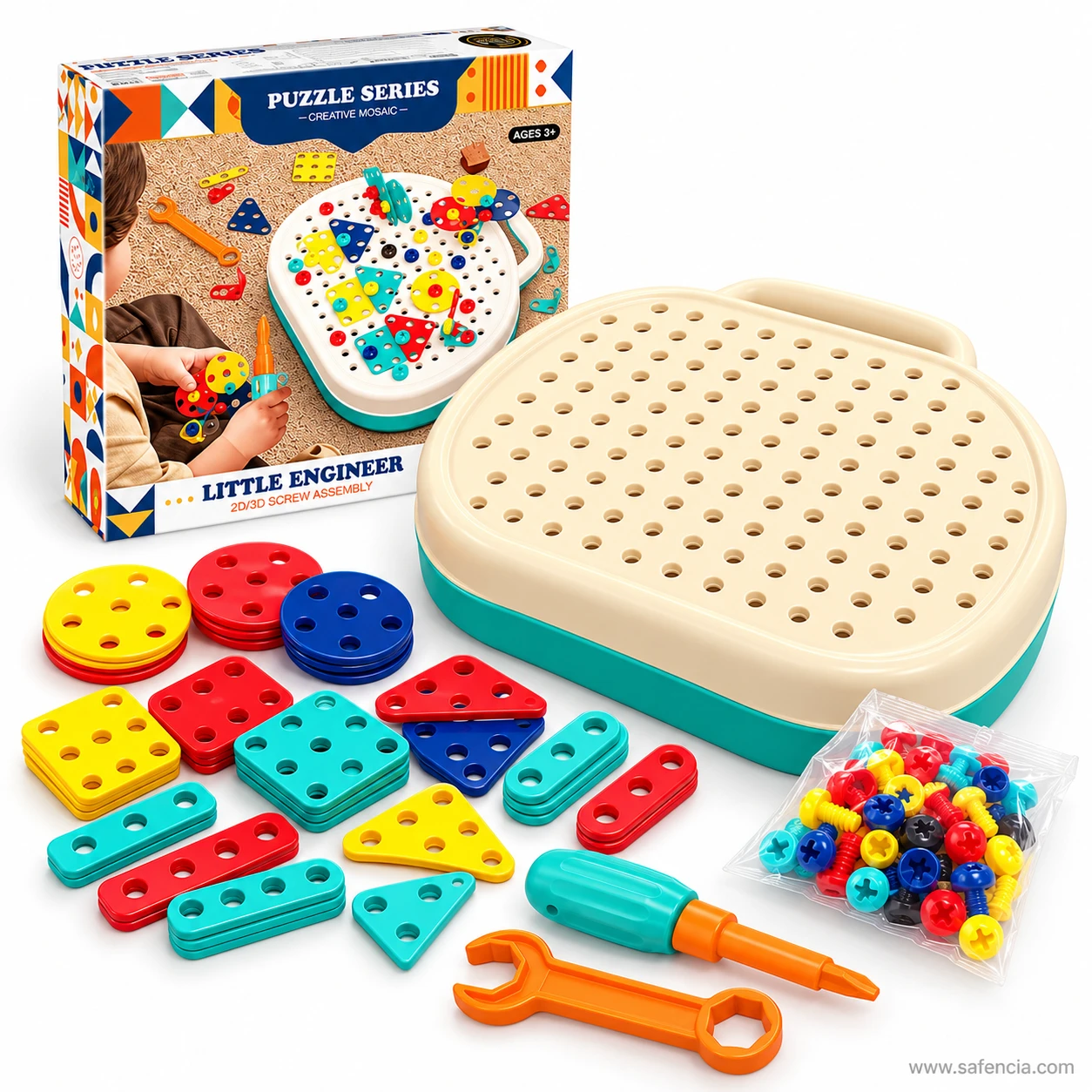 Empty Little Engineer pegboard with stacks of coloured circle, square, triangle and strip plates, a bag of screws, screwdriver and wrench