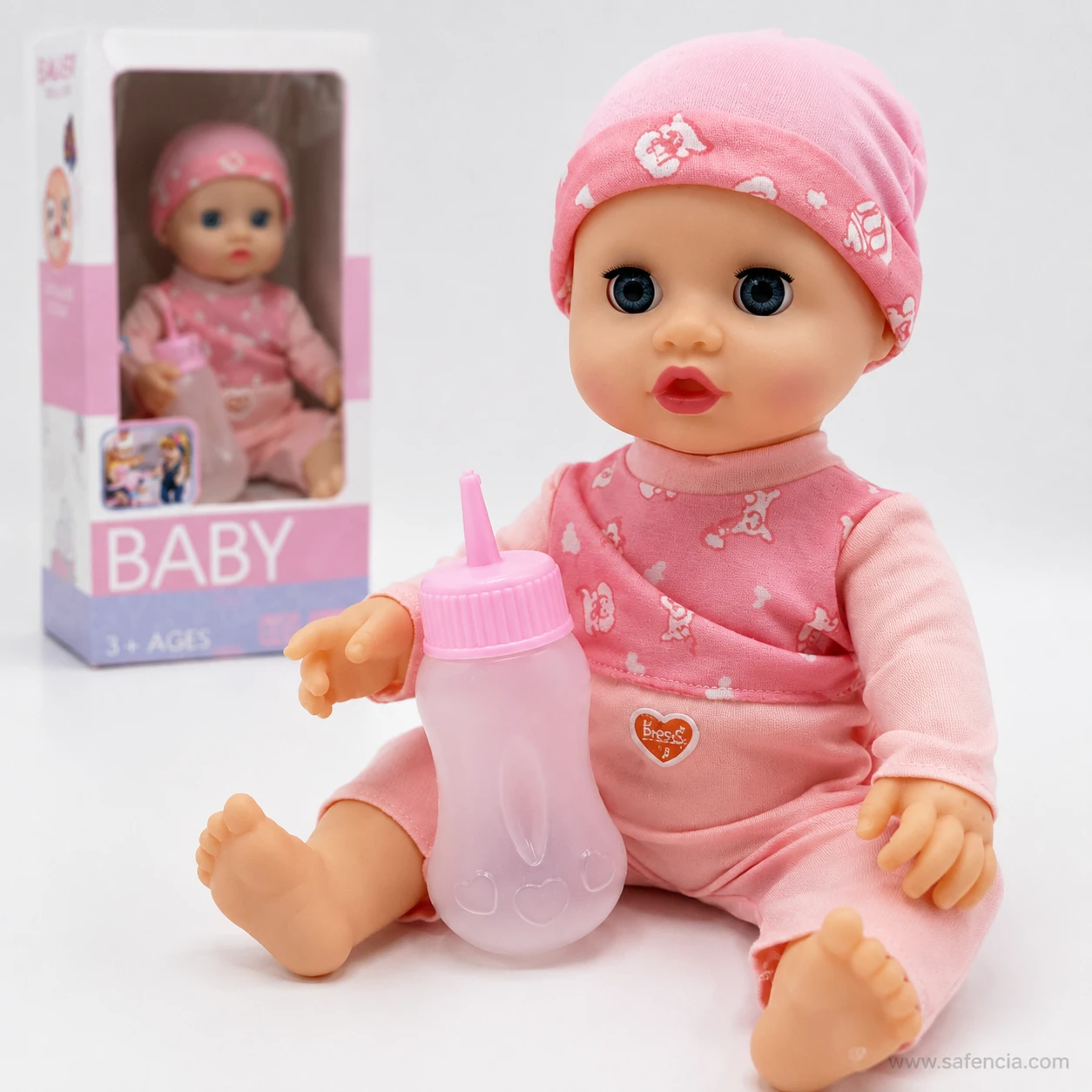 Close view of the pink bunny baby doll with the heart-embossed feeding bottle held to one side