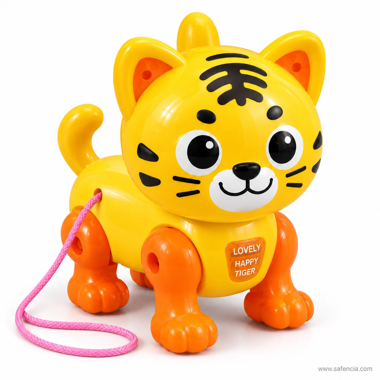 Front view of the yellow walking tiger toy with black stripes, big eyes and pink cord