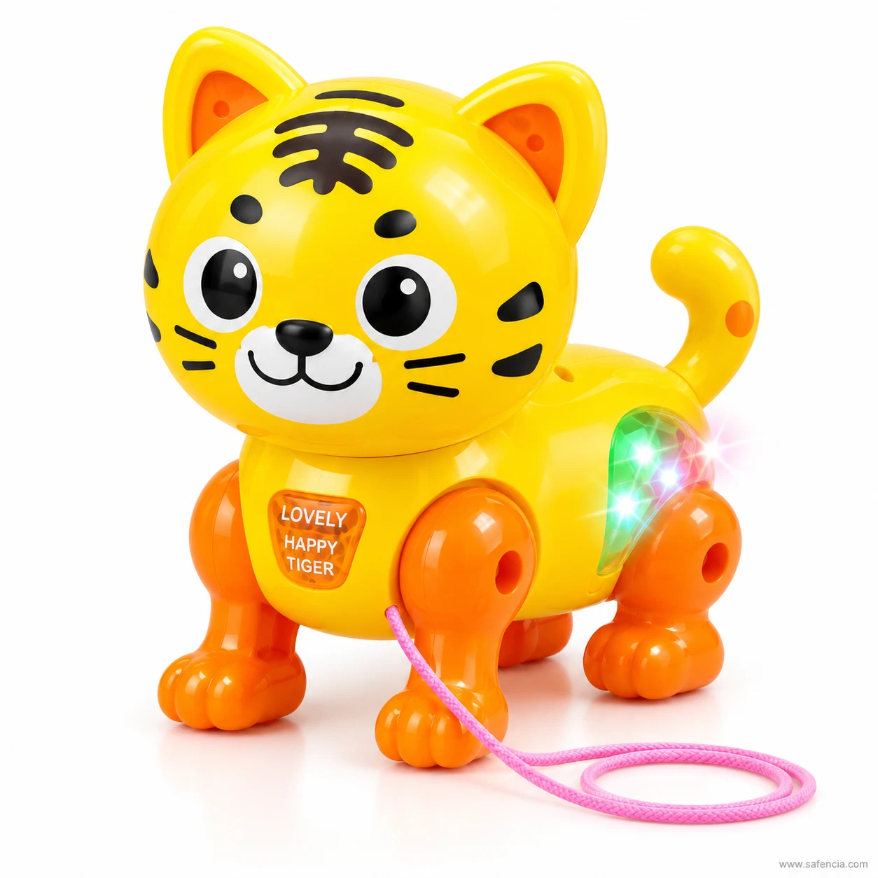 Yellow walking tiger toy with green and pink LED lights flashing on its side