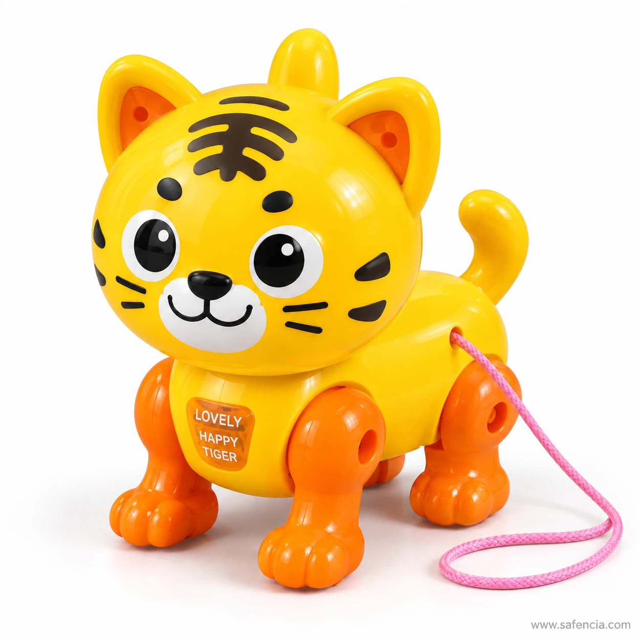 Walking tiger toy showing the Lovely Happy Tiger chest badge and pink cord