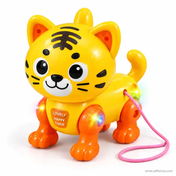 Lovely Happy Tiger Walking Toy with Music, LED Lights and Pull Cord