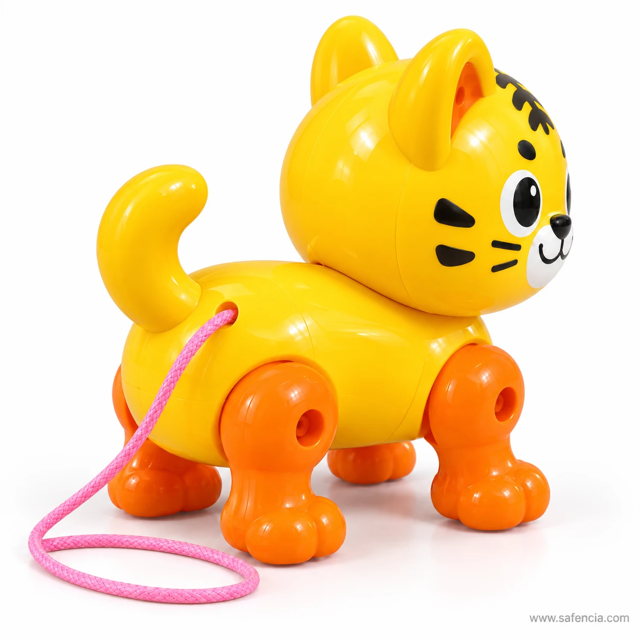Side profile of the walking tiger toy showing its curled tail and orange legs
