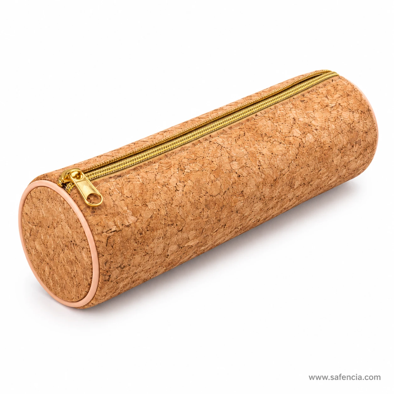 Cork round pencil case showing one of its flat circular ends
