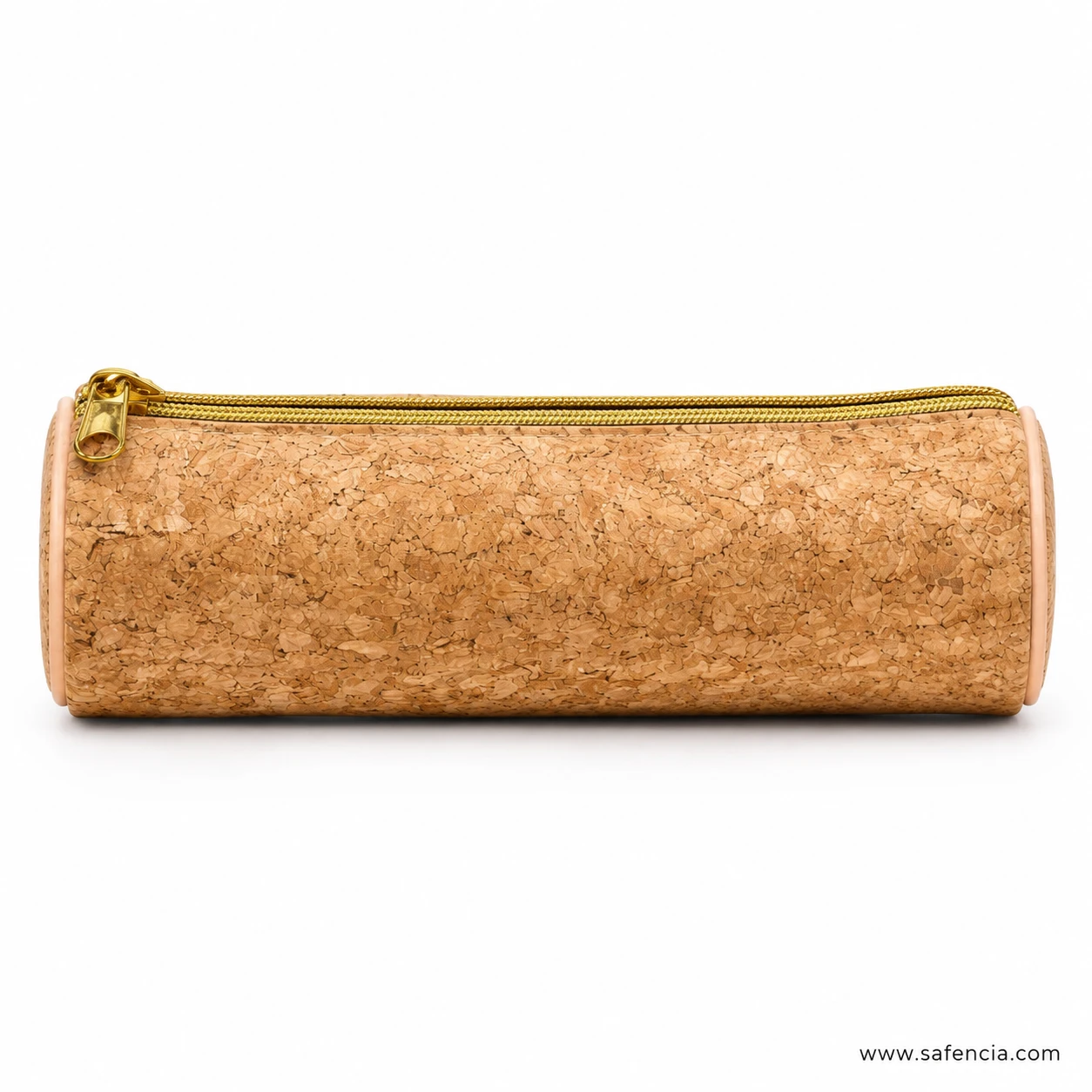 Close view of the gold zip and cork texture on the barrel case