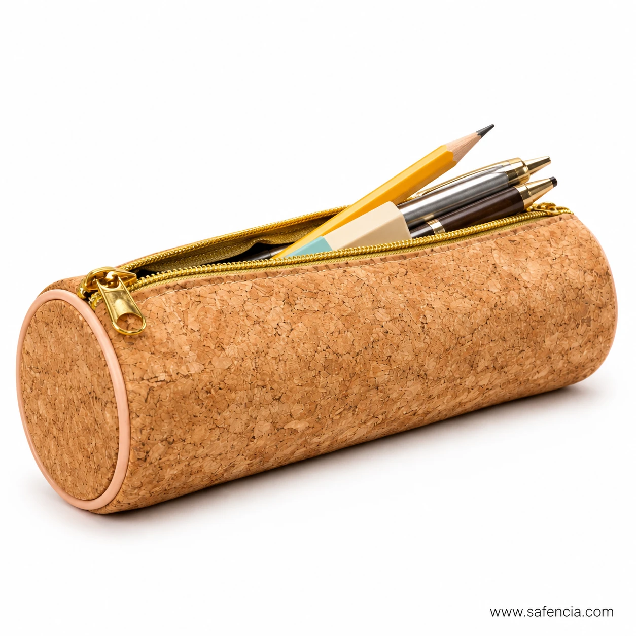 Cork barrel pencil case open with pens and pencils standing inside
