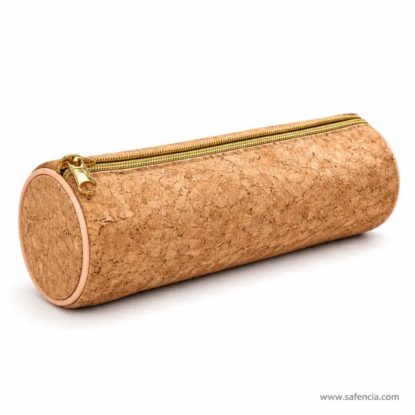Cork Round Barrel Pencil Case with Gold Zip