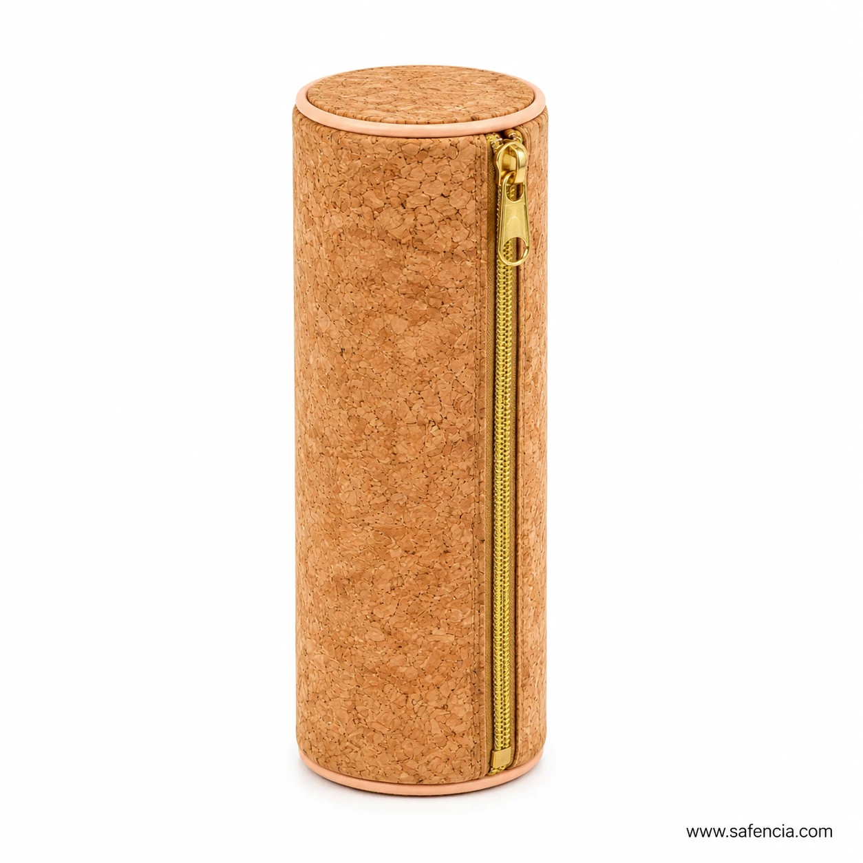 Cork barrel pencil case standing upright on one of its flat ends