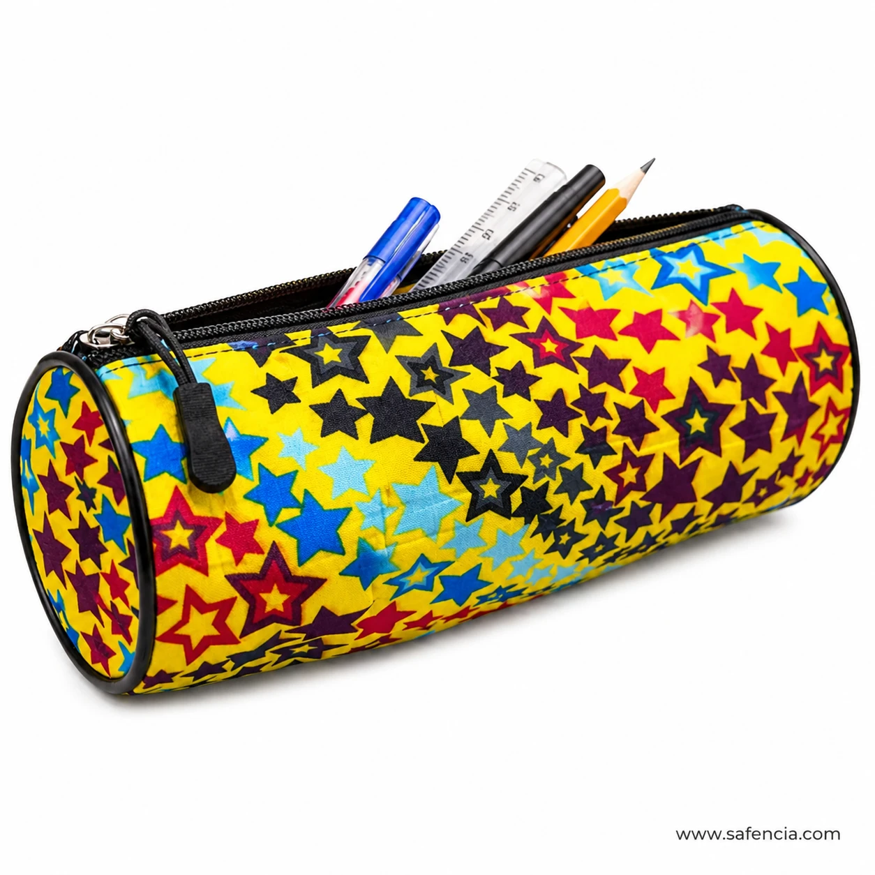 Star print barrel pencil case open with pens and a ruler inside