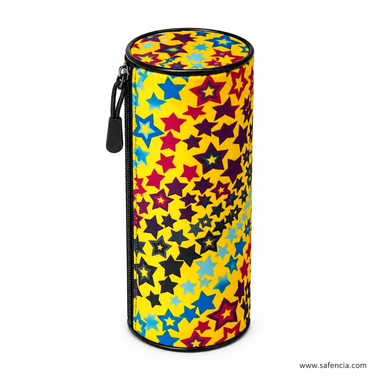 Star print barrel pencil case standing upright on one flat end