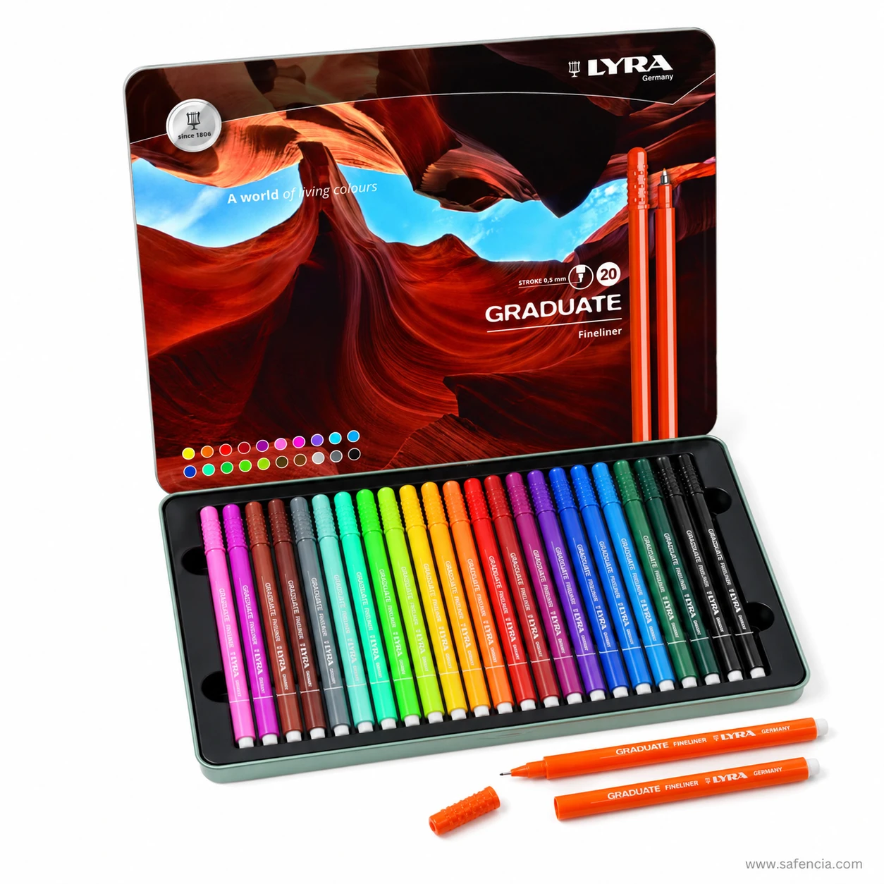 Lyra Graduate Fineliner pens showing fine tips and matching snap caps