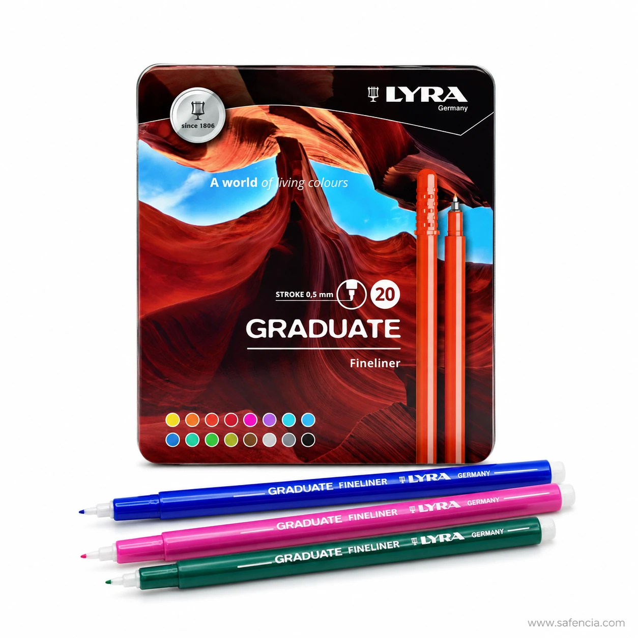 Lyra Graduate Fineliner tin lid showing the colour swatch row and stroke width