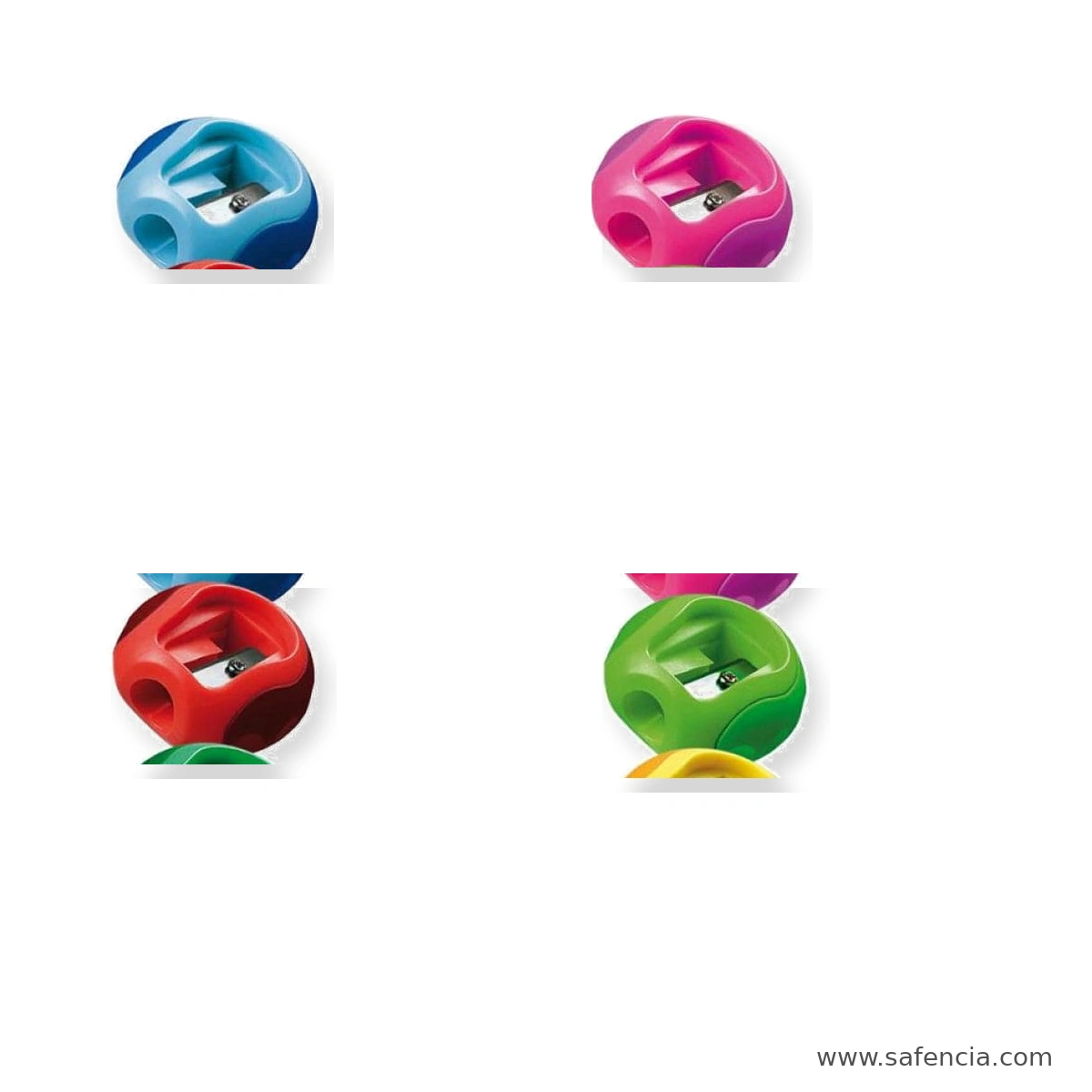 Blue pink red and light green Groove sharpeners showing contrasting curved side panels