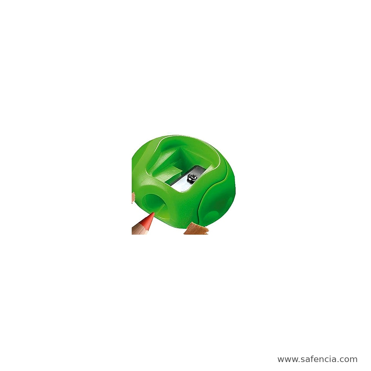 Close view of green Groove pencil sharpener with front opening recessed blade and securing screw