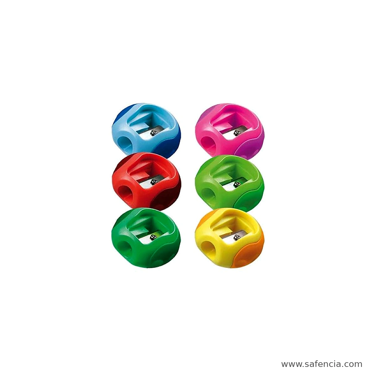 Six rounded Groove single-hole pencil sharpeners in blue pink red green and yellow colours