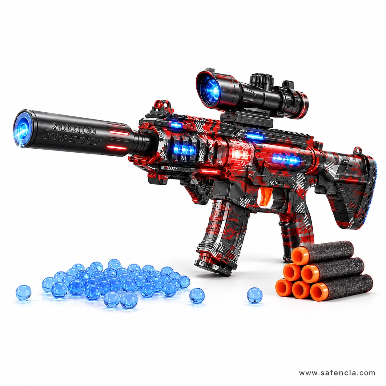 M416 sport blaster with its LED lights switched on along the rail, scope lens and silencer muzzle