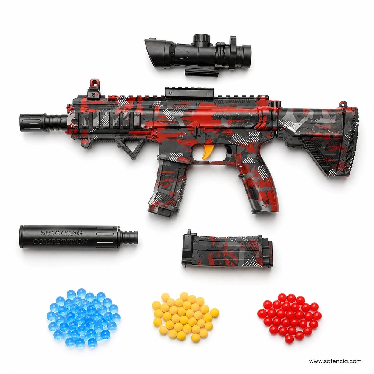 Overhead flat lay of the M416 sport blaster with the scope, silencer and magazine detached beside three types of ammunition