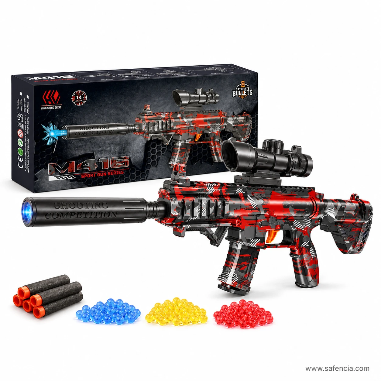 M416 sport blaster in front of its retail box with blue gel beads, yellow rubber balls, red ABS balls and foam darts