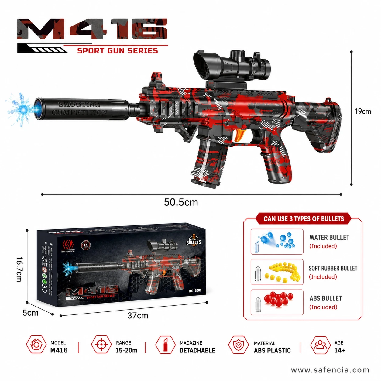 M416 sport blaster specification graphic showing 50.5 cm length, 19 cm height, 15 to 20 metre range and three ammunition types