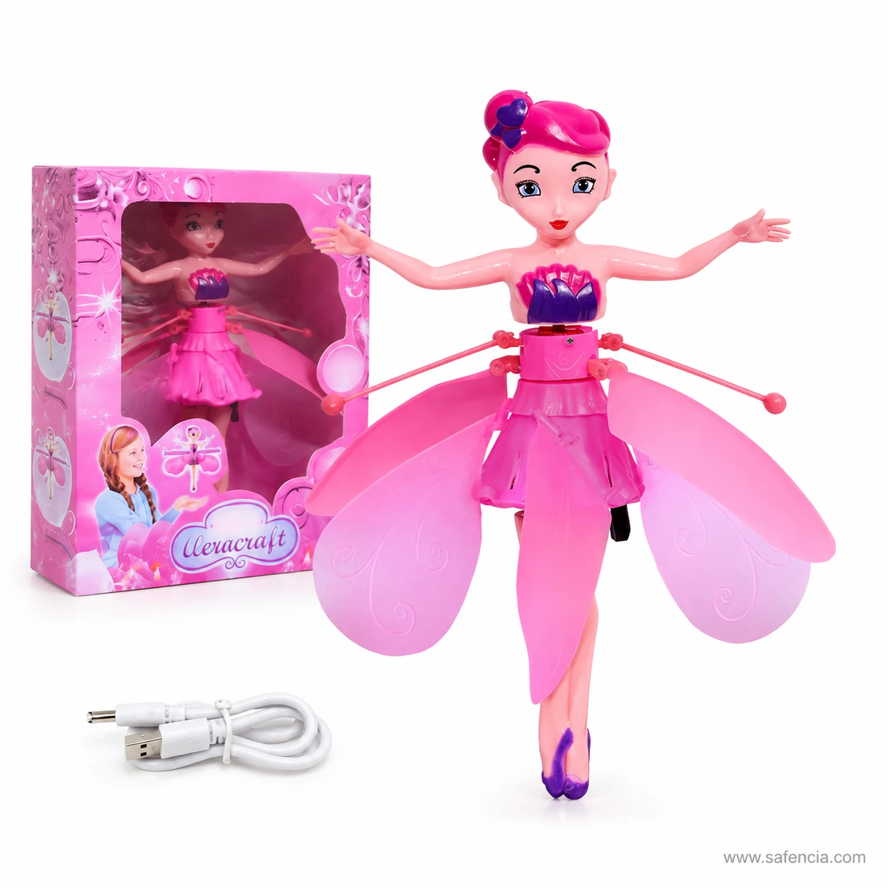 Flying fairy doll shown with her pink window display box and the included white USB charging cable