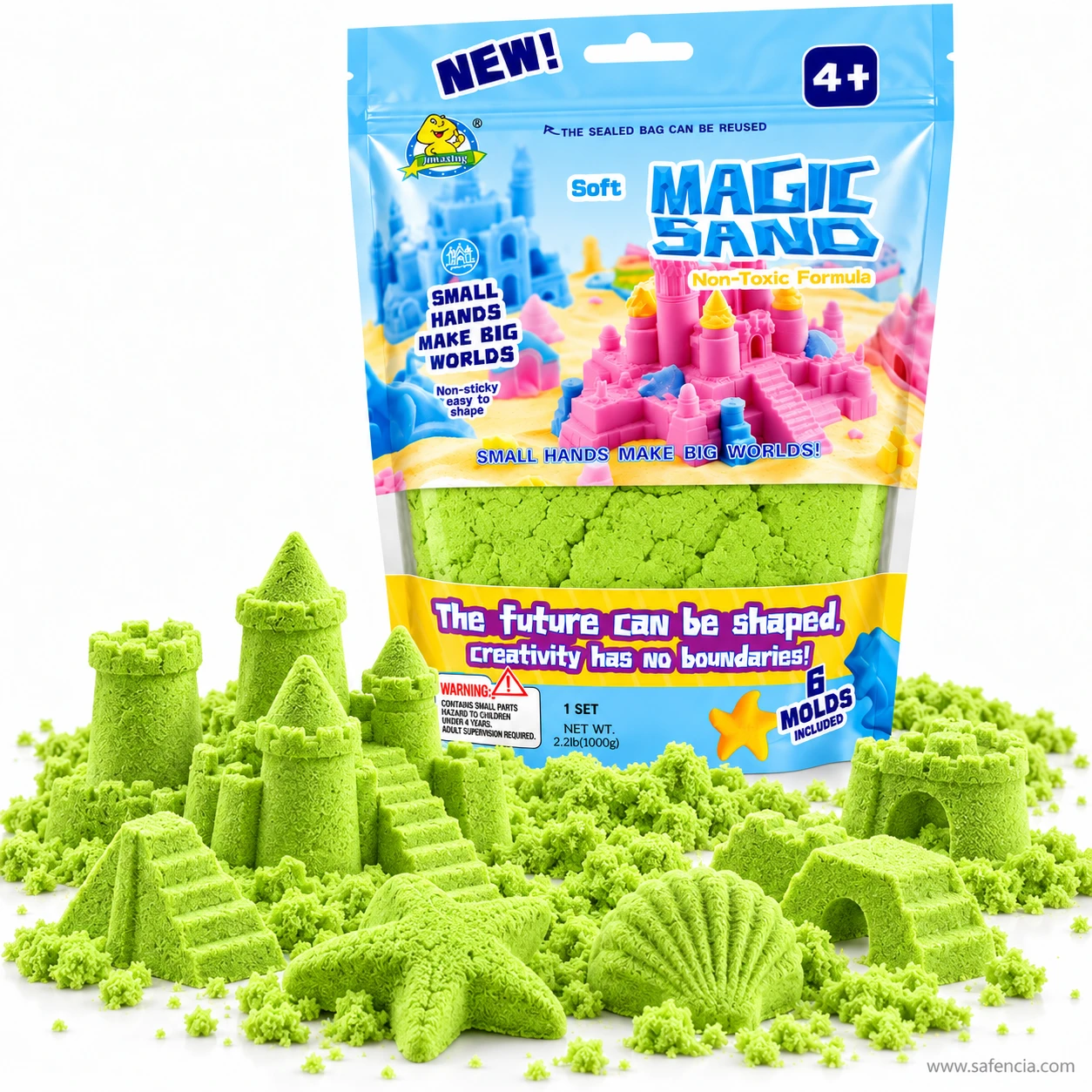 Green kinetic sand spread in front of its 1kg bag with castle towers, a staircase, starfish and shell