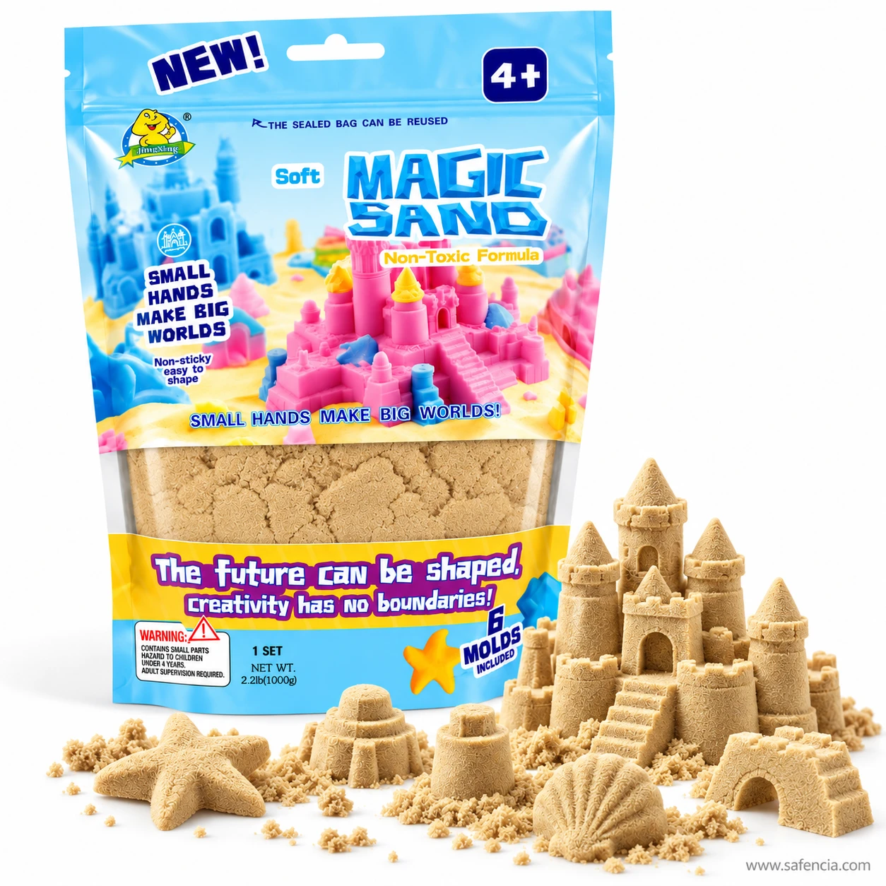 Khaki natural-sand colour kinetic sand in a 1kg bag with a beige castle, starfish and shell in front