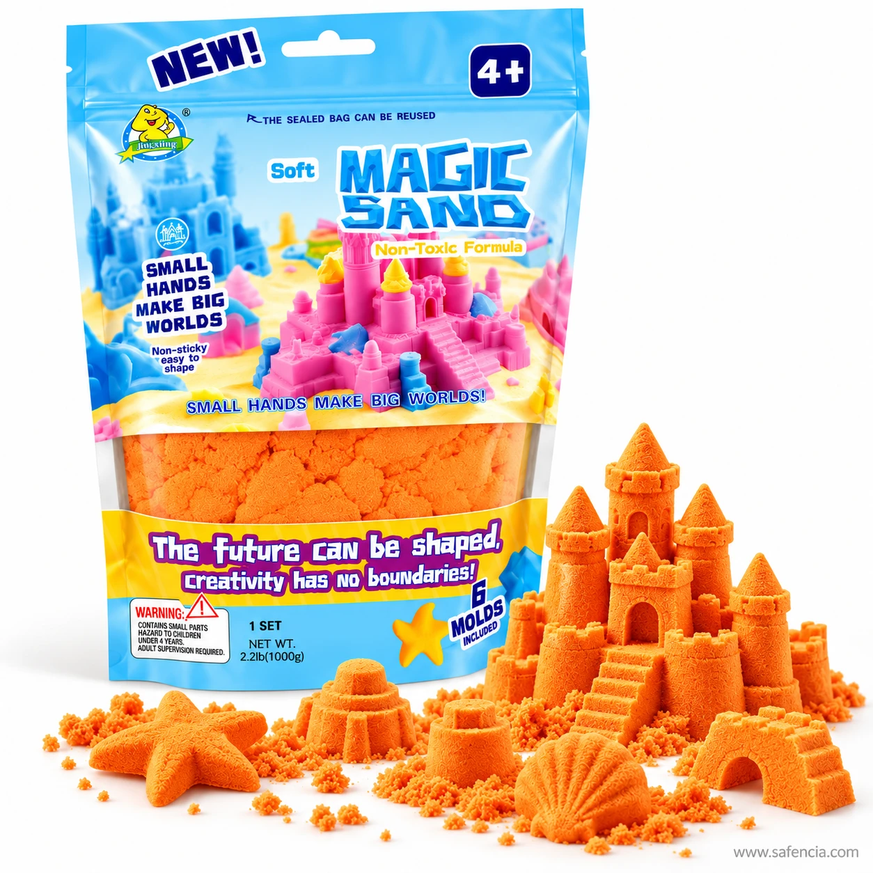 Orange magic sand 1kg bag printed 6 molds included, with an orange sand castle, starfish and archway