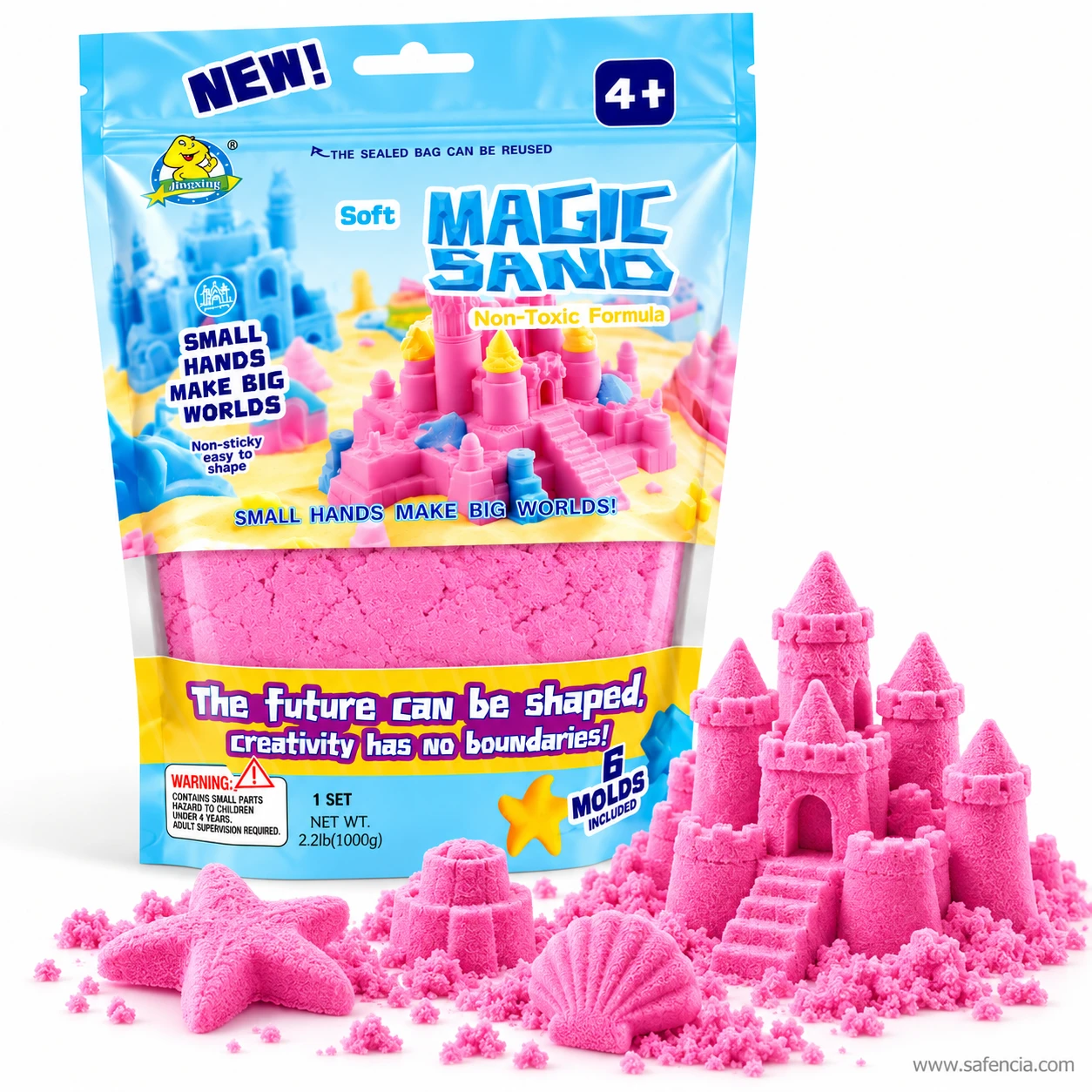 Pink kinetic sand 1kg bag with a pink sand castle, starfish, shell and small tower in front of it
