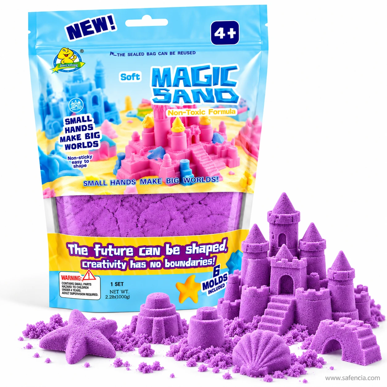 Purple magic sand in its 1kg bag with a purple castle, starfish, shell and archway built beside it