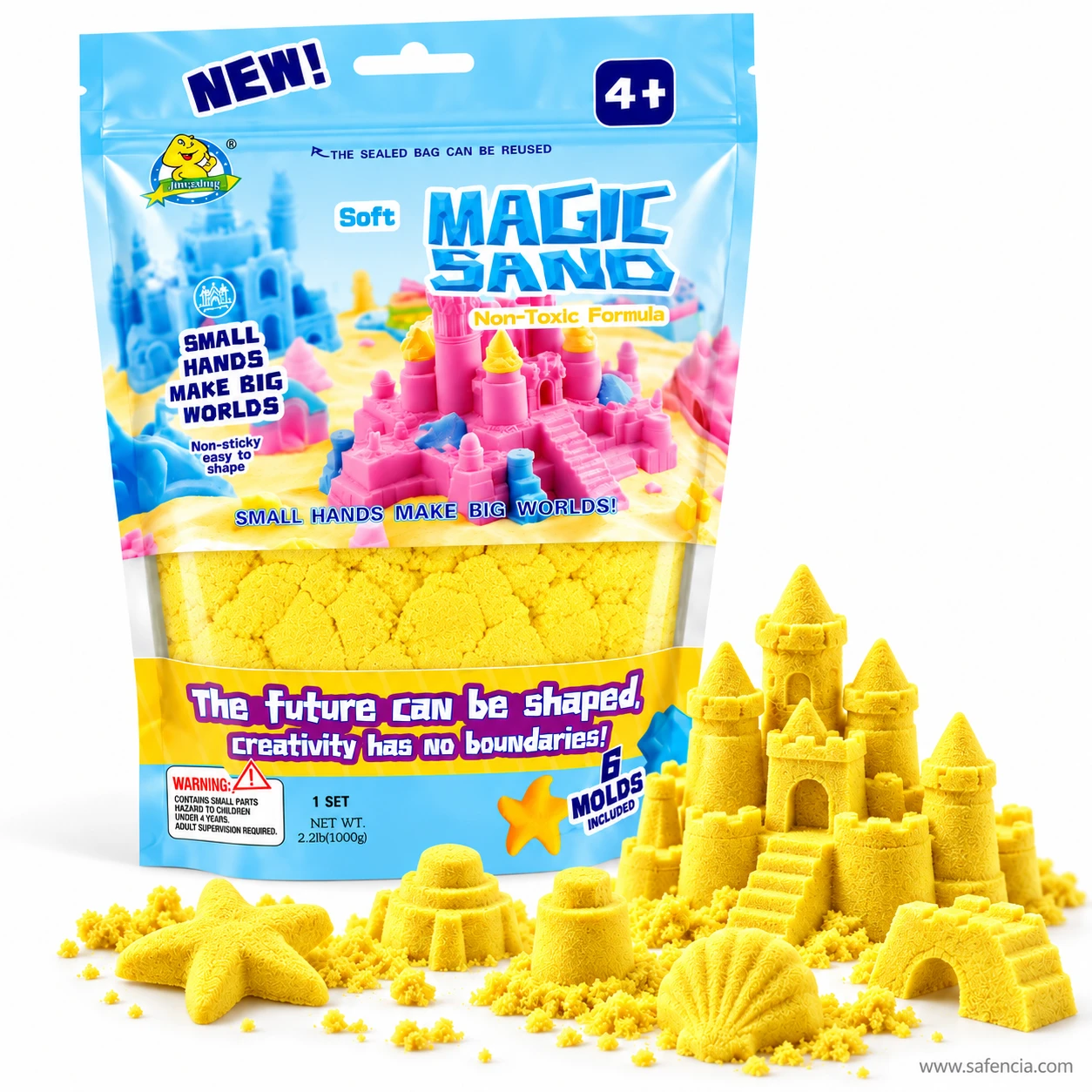 Yellow kinetic sand 1kg pouch with yellow castle towers, a starfish and a shell pressed from the molds