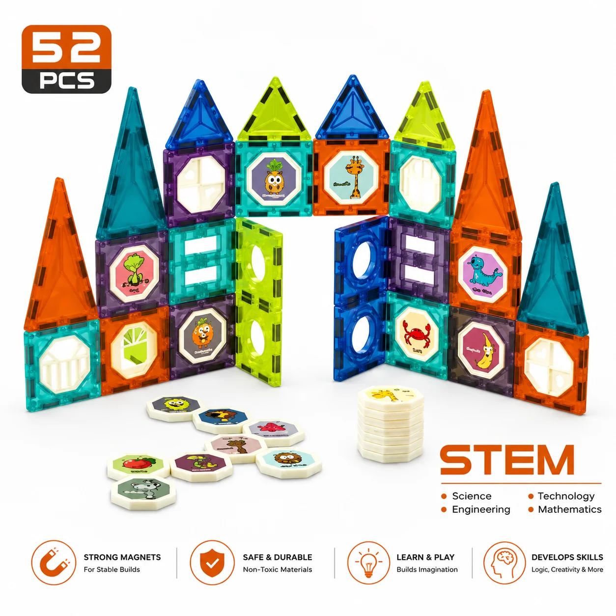 Magic Magnetic Blocks 52 Pieces Set – STEM Magnetic Tiles with Animal Learning Discs