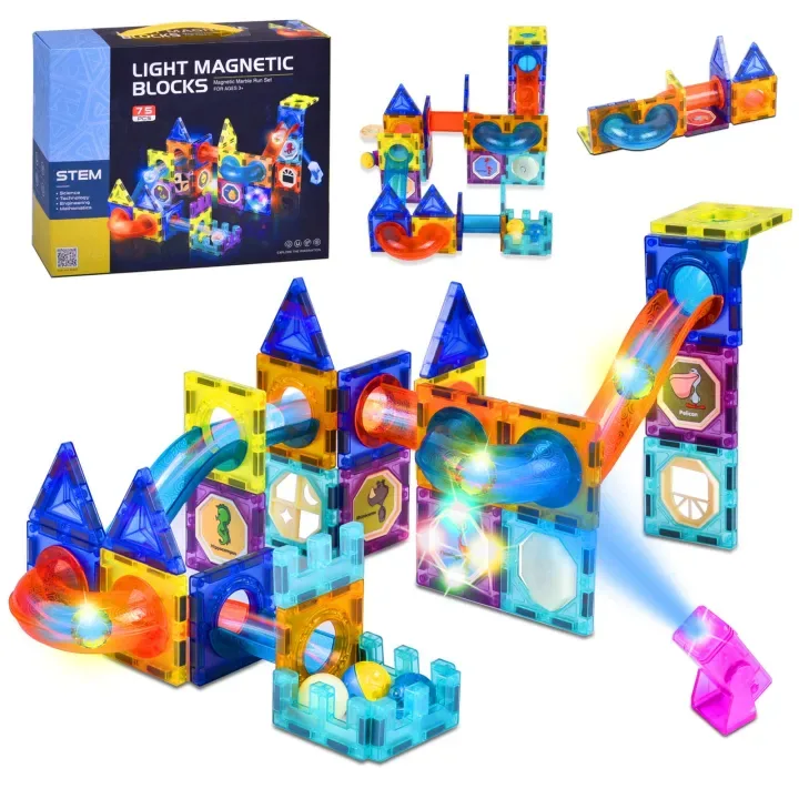 Light Magnetic Blocks 75 PCS marble run set box with translucent tiles and ball tracks