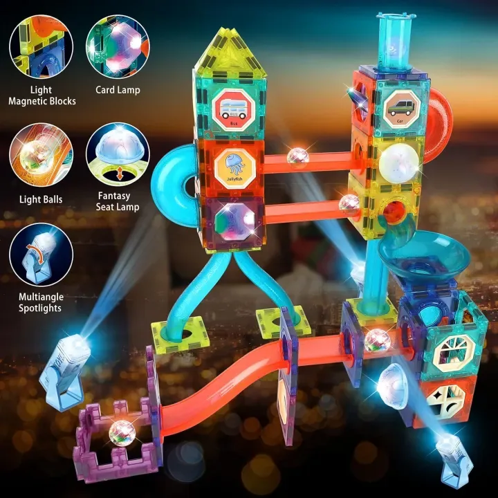 Magnetic marble run light up features with glowing balls lamp tile and spotlight blocks