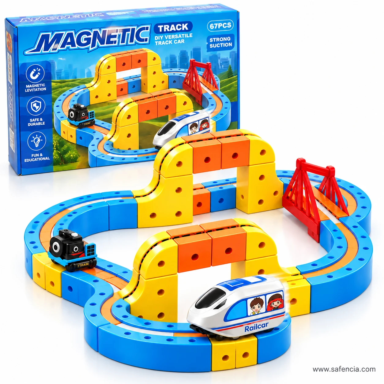 Retail box of the 67-piece magnetic DIY track car set printed with a built layout and the piece count