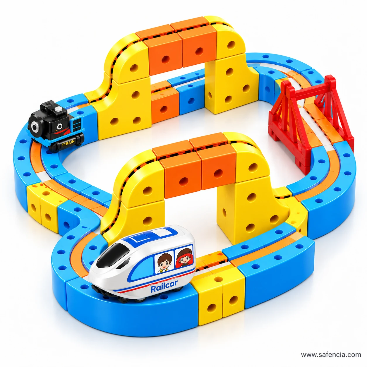 Alternate magnetic track build with a wide lower loop, raised centre section and the railcar on the outer curve