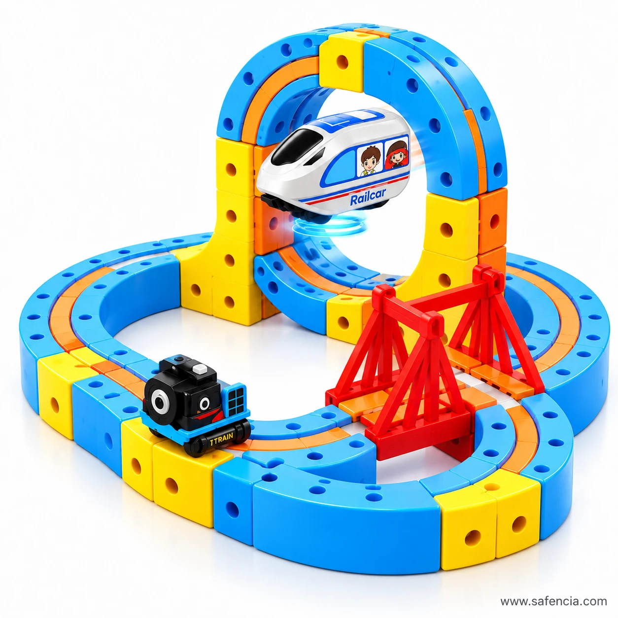 Magnetic track layout with a red suspension bridge span over a lower loop and the steam engine below it