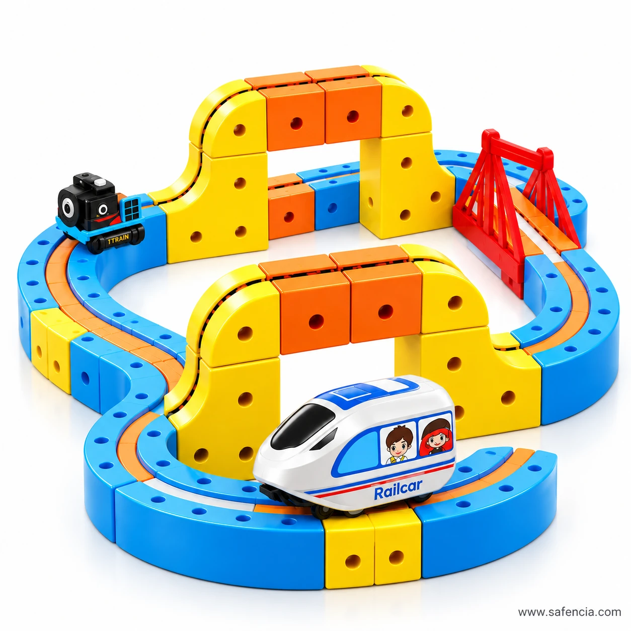 White bullet railcar with printed children in its windows sitting on the built magnetic track layout