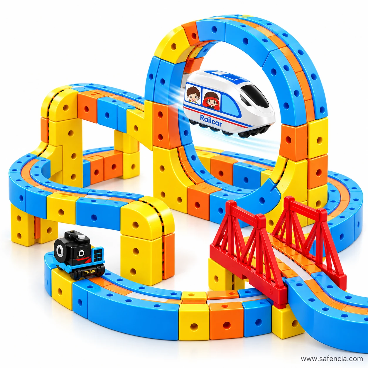 Tall vertical loop built from the magnetic track blocks with the bullet railcar running round the top of it