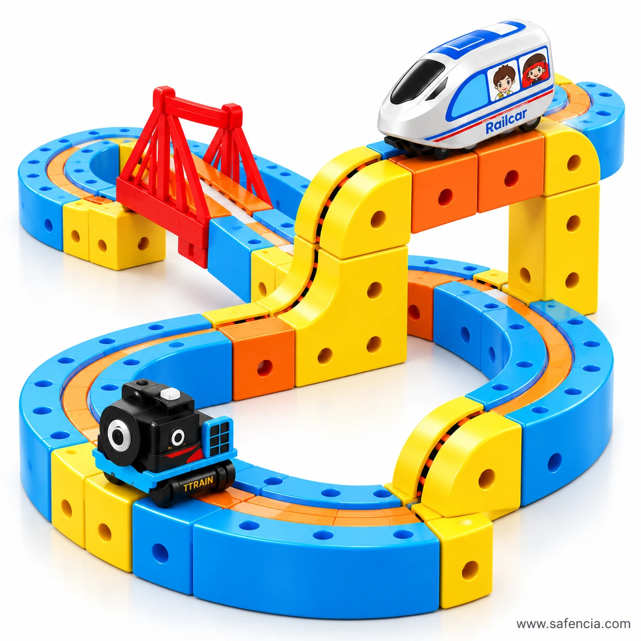 Small black steam engine vehicle from the magnetic track set standing on the blue and yellow track blocks