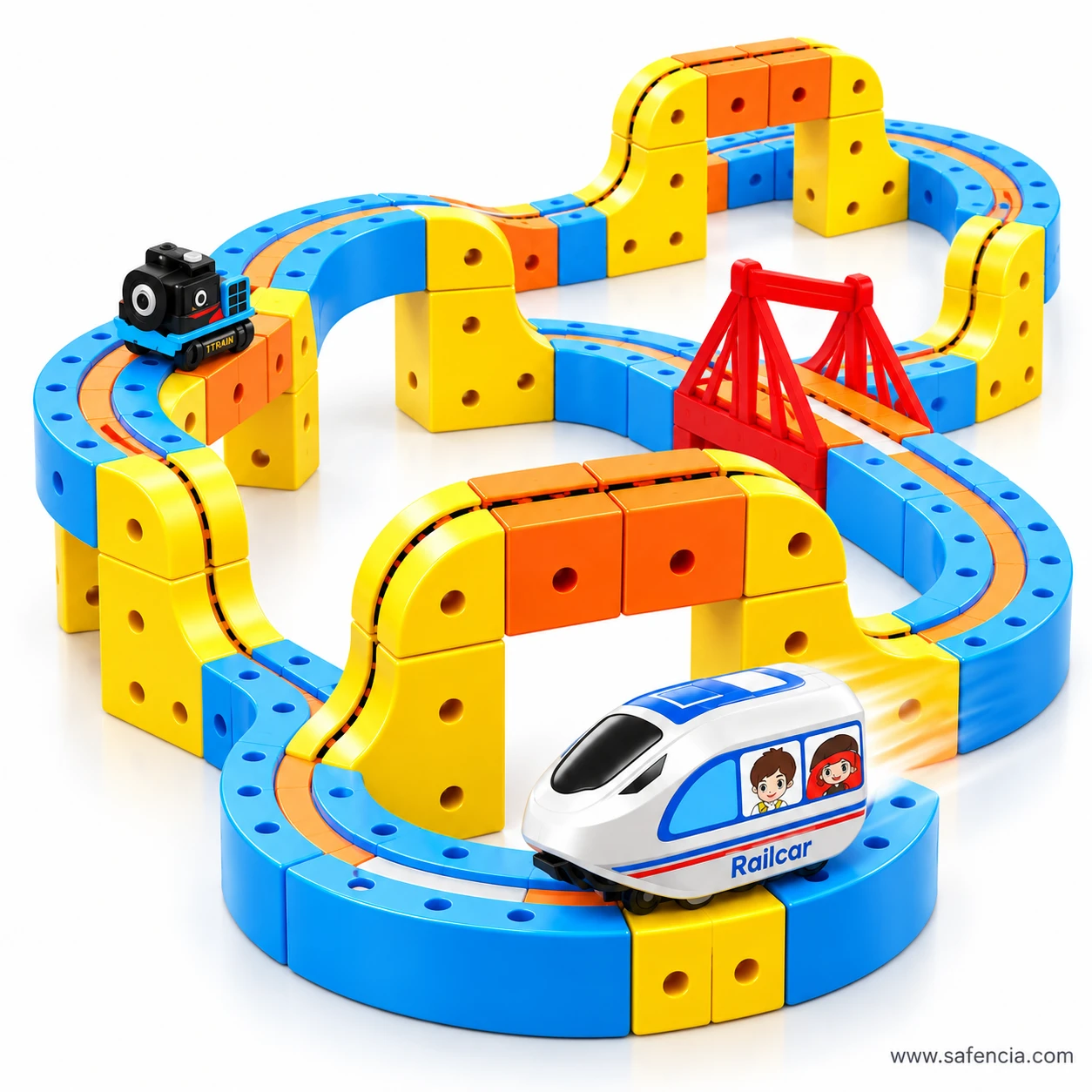 Two-level magnetic track layout with yellow support blocks holding the upper run above the blue lower track