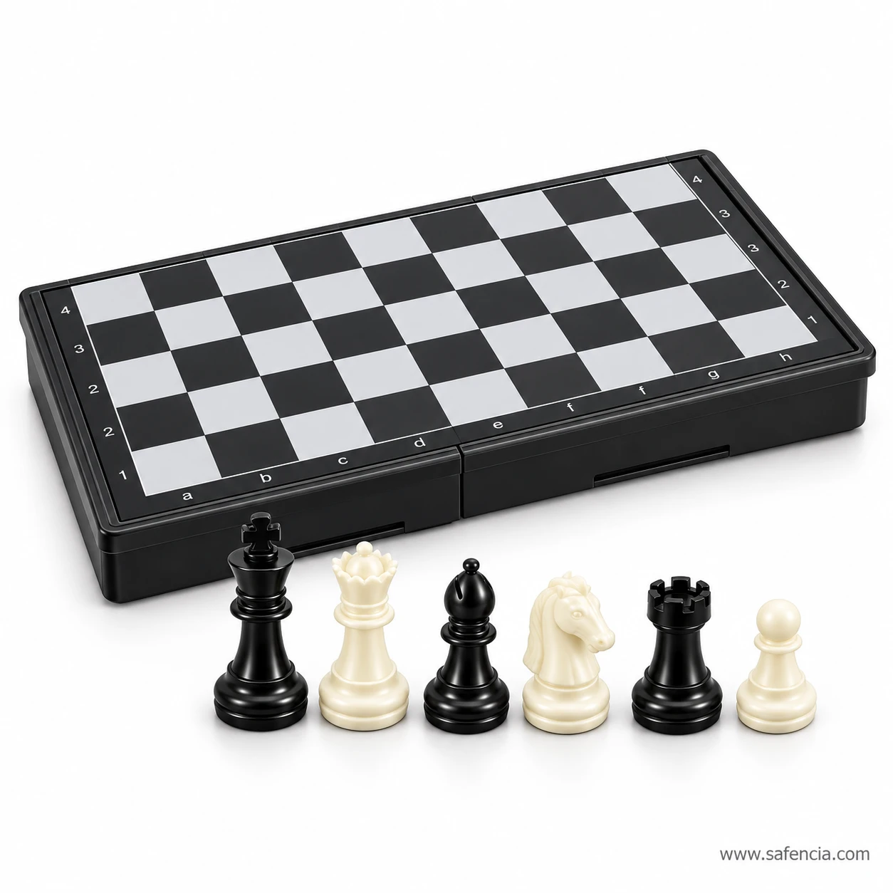 Magnetic chess set king, queen, bishop, knight, rook and pawn pieces in front of the board