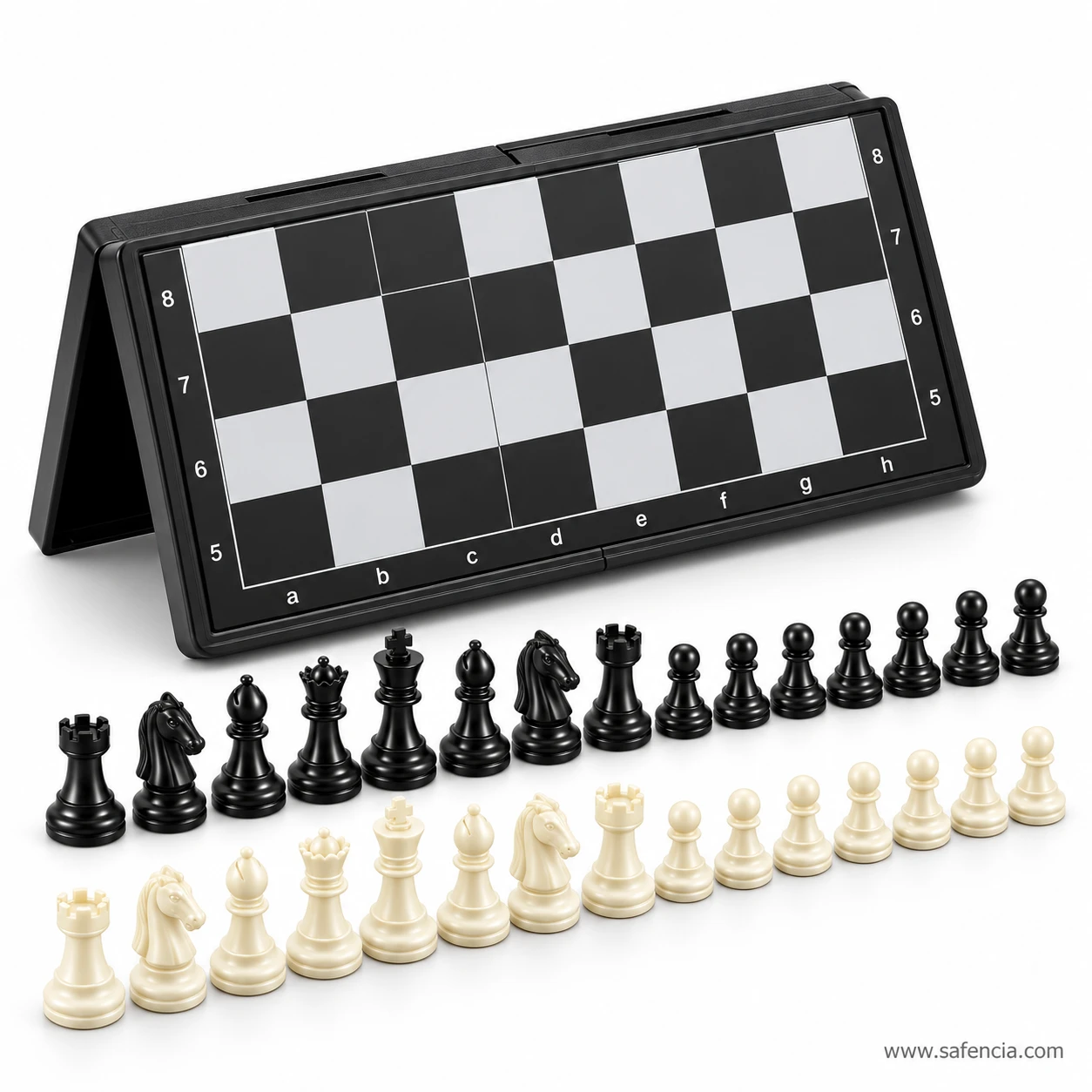 Magnetic folding chess set board with all black and white chess pieces laid out in rows