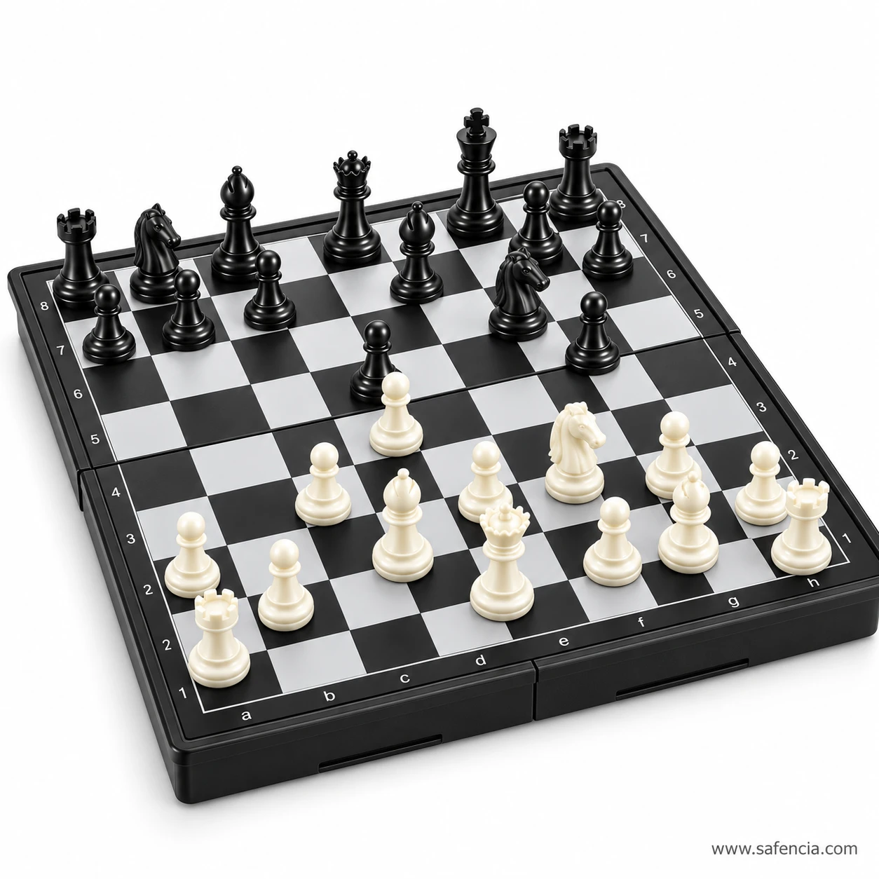 Magnetic folding chess set with pieces spread across the board in the middle of a game