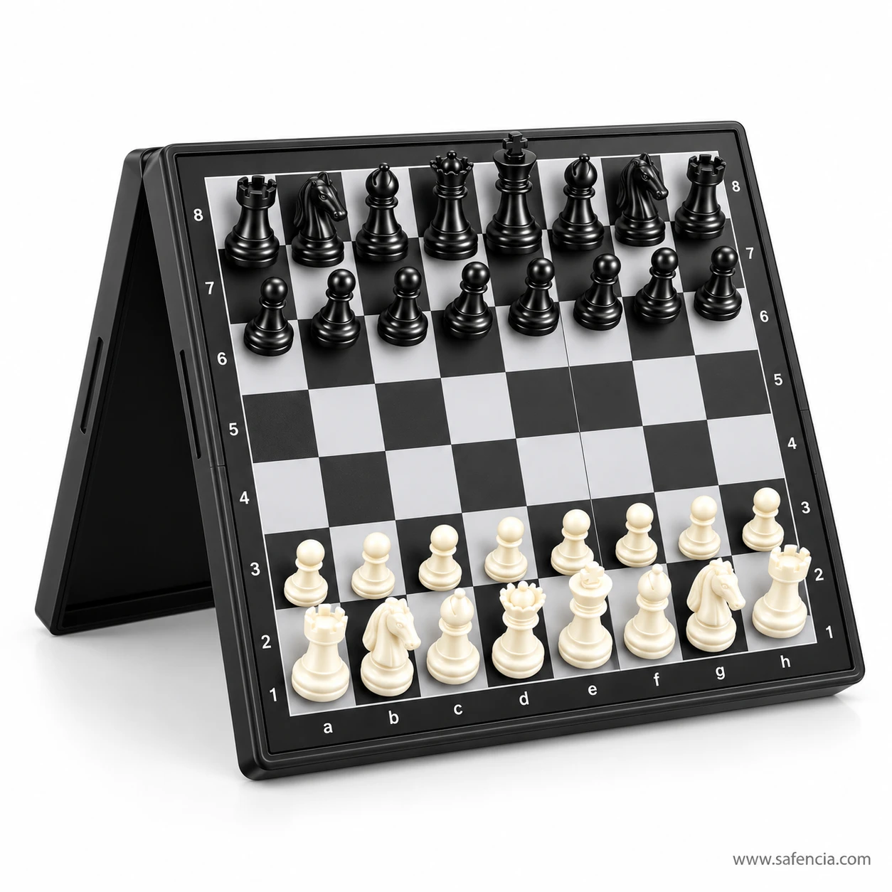 Magnetic folding chess set half open and standing like a tent with pieces on the board
