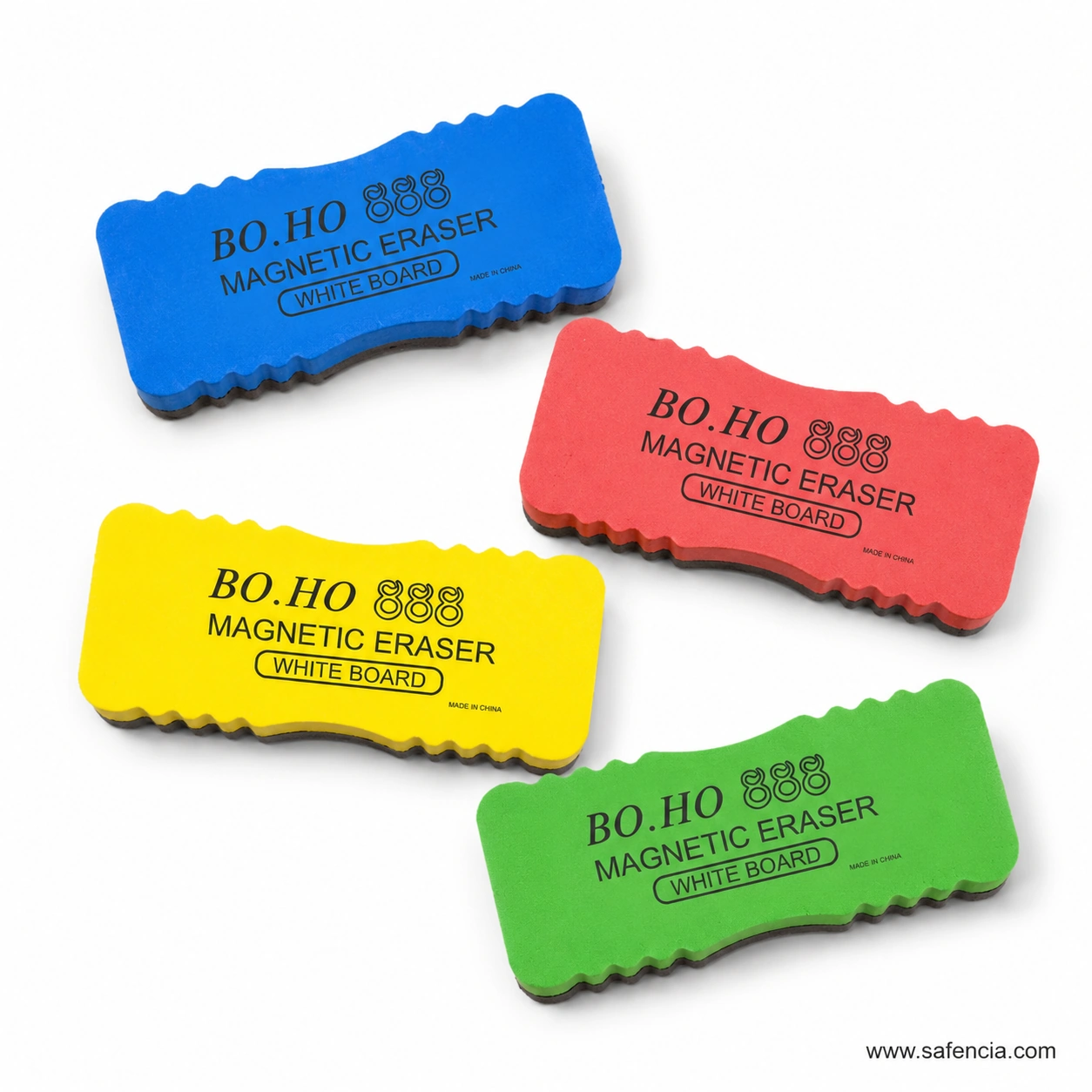 Four BO.HO 888 magnetic whiteboard erasers laid out flat in blue, red, yellow and green showing the printed branding