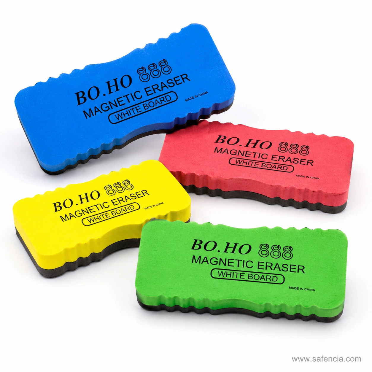 BO.HO 888 magnetic whiteboard erasers arranged loosely showing scalloped grip edges and Made in China print
